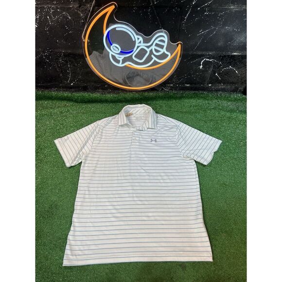 Under Armour The Playoff Polo White w/ Slate Blue Stripes Golf Shirt Mens‎ Large - Picture 1 of 5
